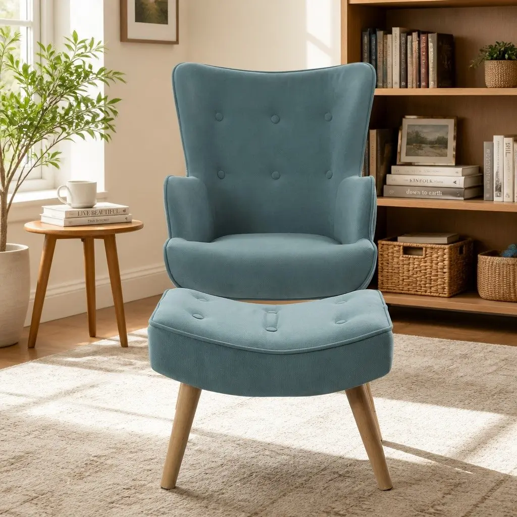 Armchair Set with Ottoman Blue Scandinavian Style Velvet Upholstered