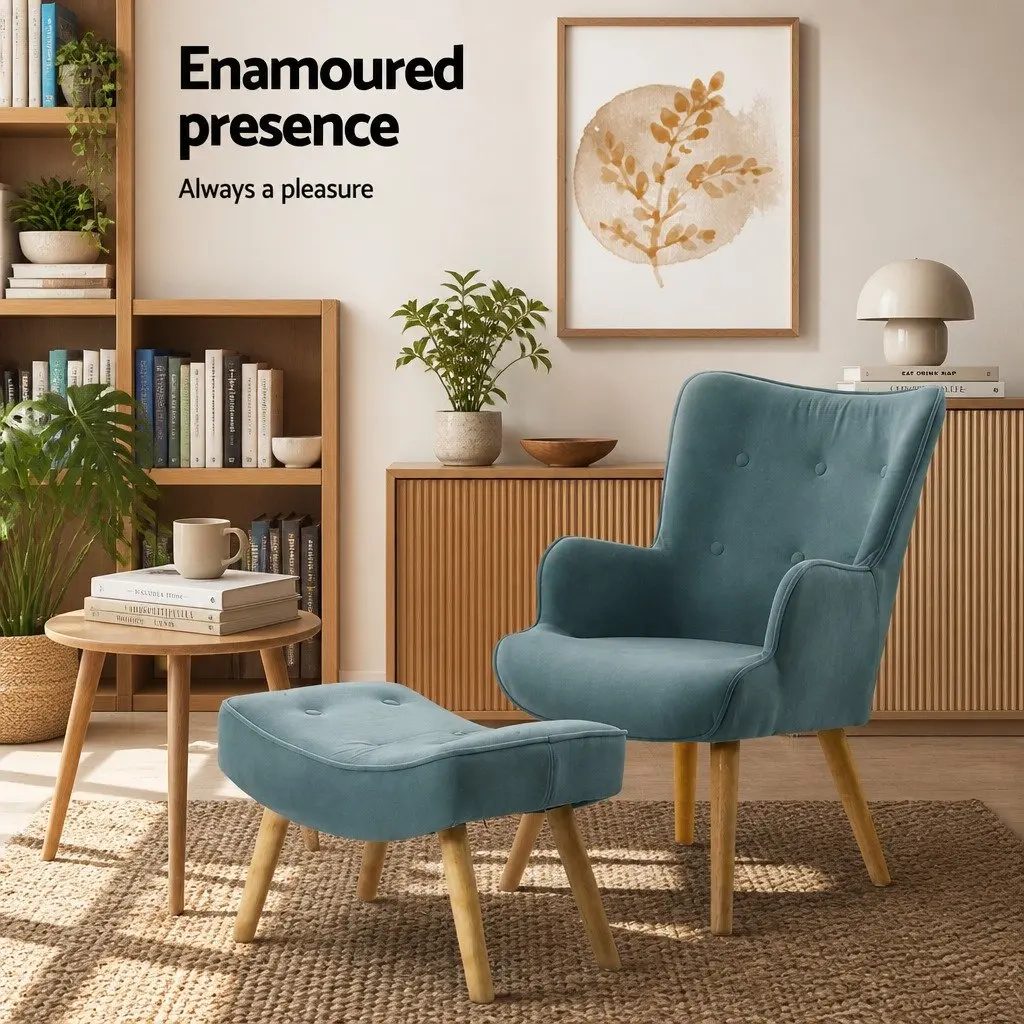 Armchair Set with Ottoman Blue Scandinavian Style Velvet Upholstered