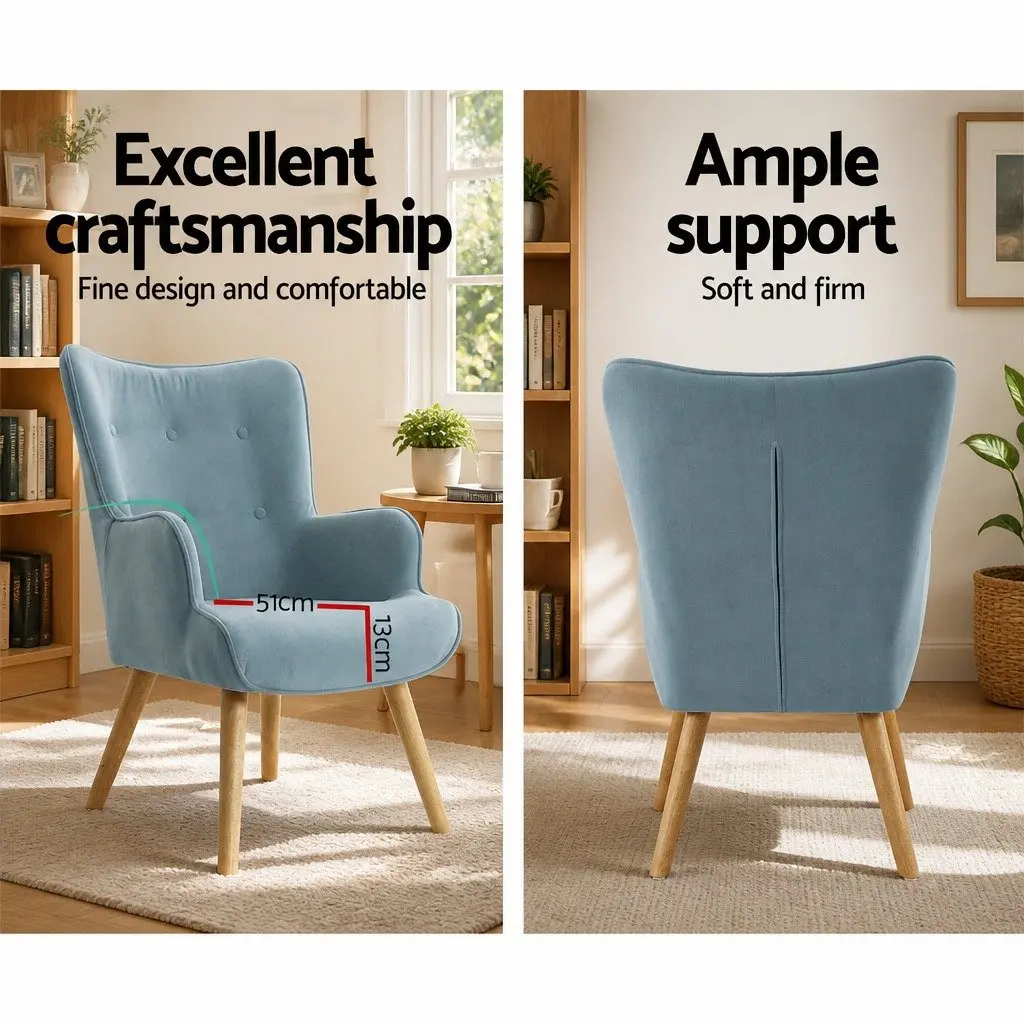 Armchair Set with Ottoman Blue Scandinavian Style Velvet Upholstered