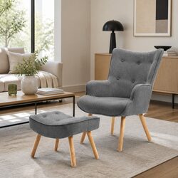 Comfortable Grey Armchair Set with Ottoman in Scandinavian Style