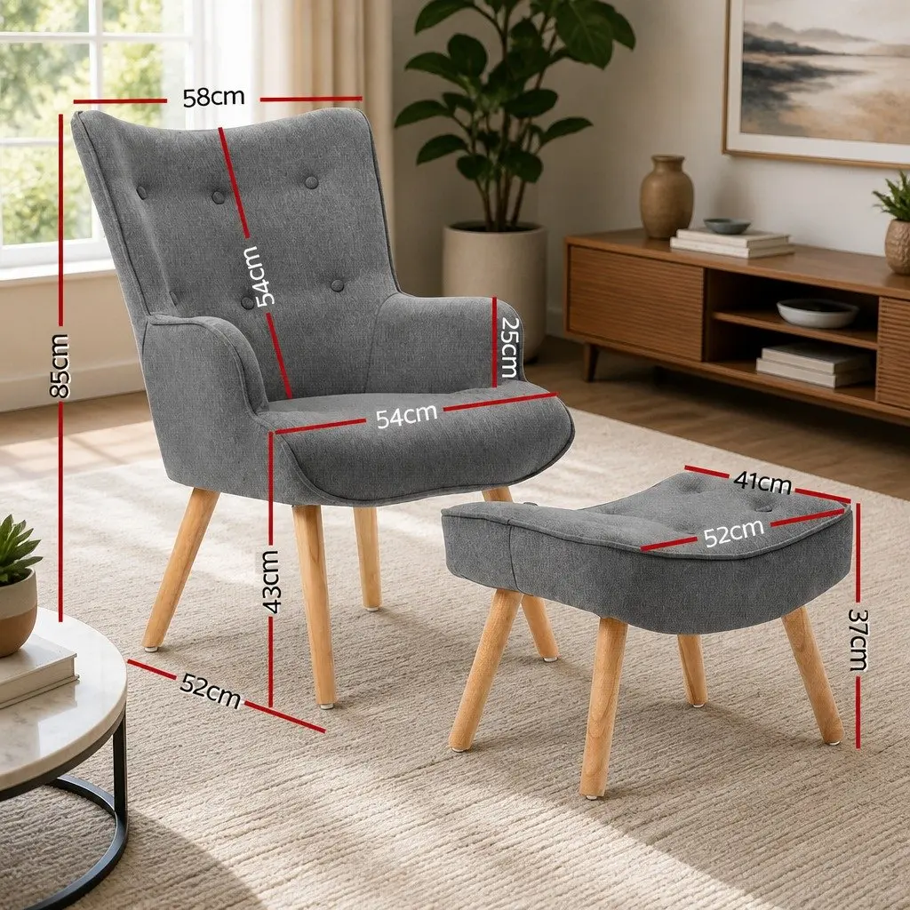 Grey Armchair Set with Ottoman in Scandinavian Style