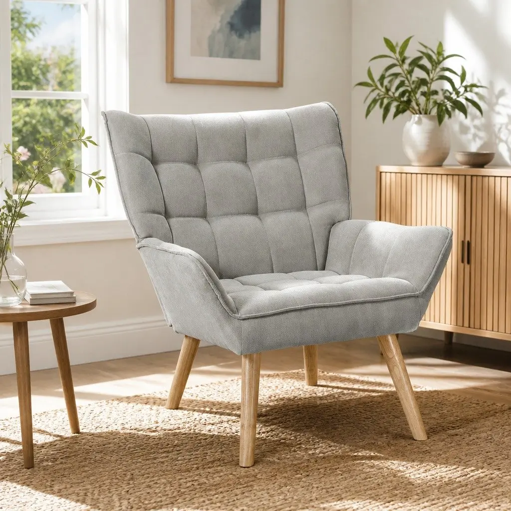 Grey Faux Linen Armchair Lounge Chair