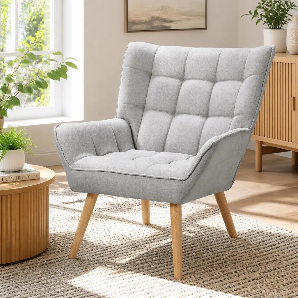 Grey Faux Linen Armchair Lounge Chair