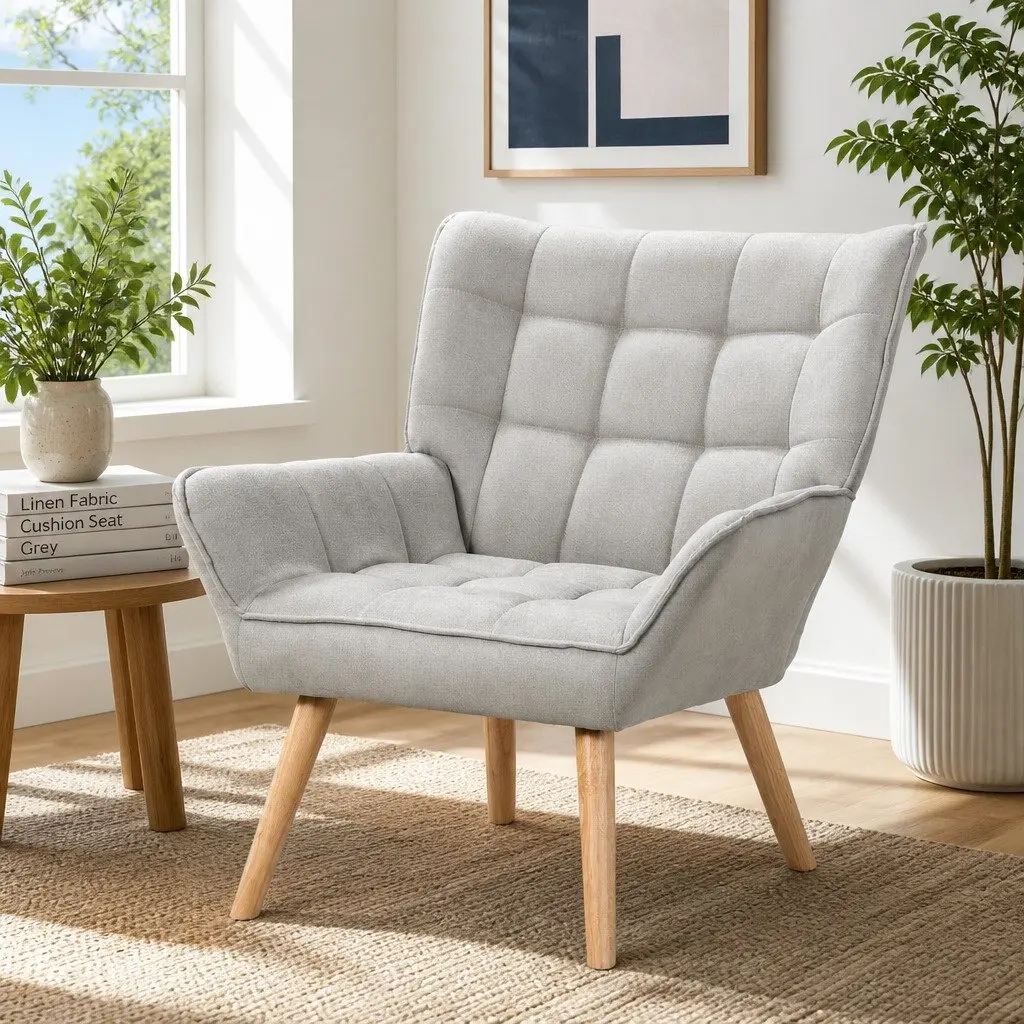 Grey Faux Linen Armchair Lounge Chair