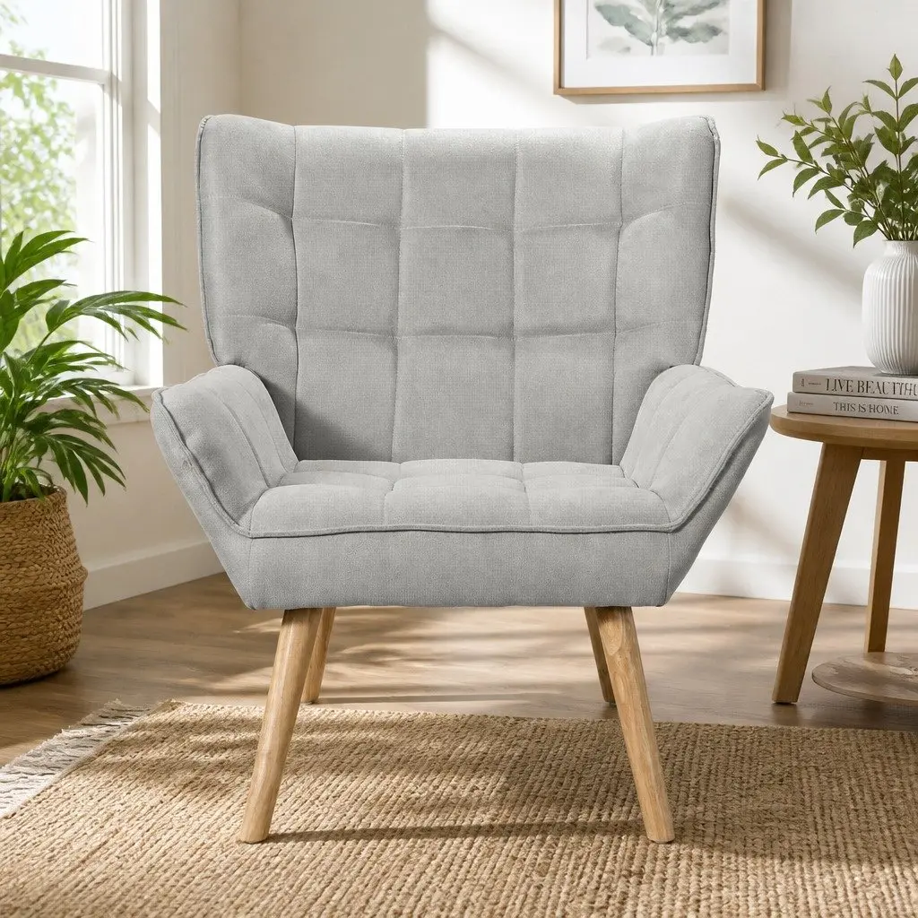 Grey Faux Linen Armchair Lounge Chair