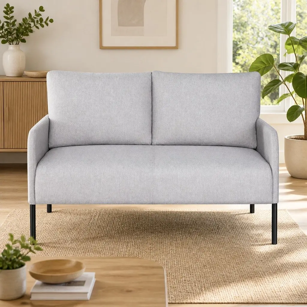 2 Seater Sofa Armchair Grey Linen Cushioned Seat