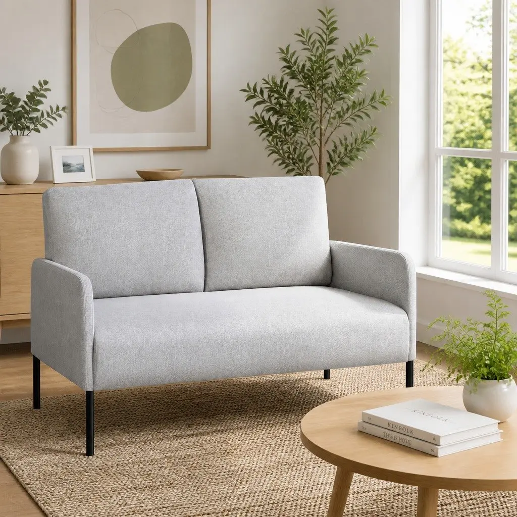 2 Seater Sofa Armchair Grey Linen Cushioned Seat