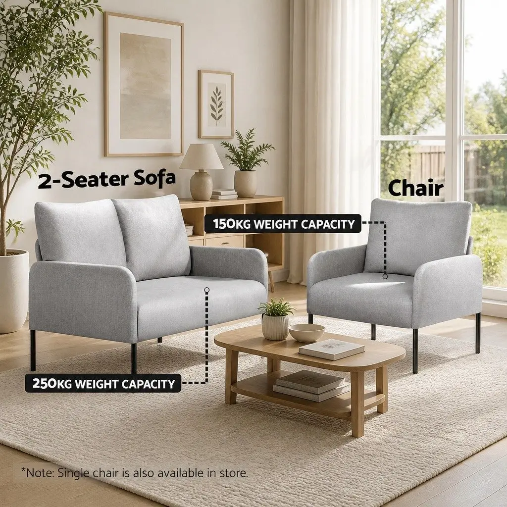 2 Seater Sofa Armchair Grey Linen Cushioned Seat