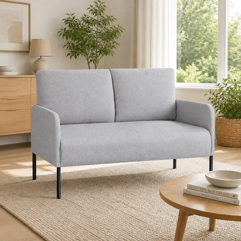 2 Seater Sofa Armchair Grey Linen Cushioned Seat