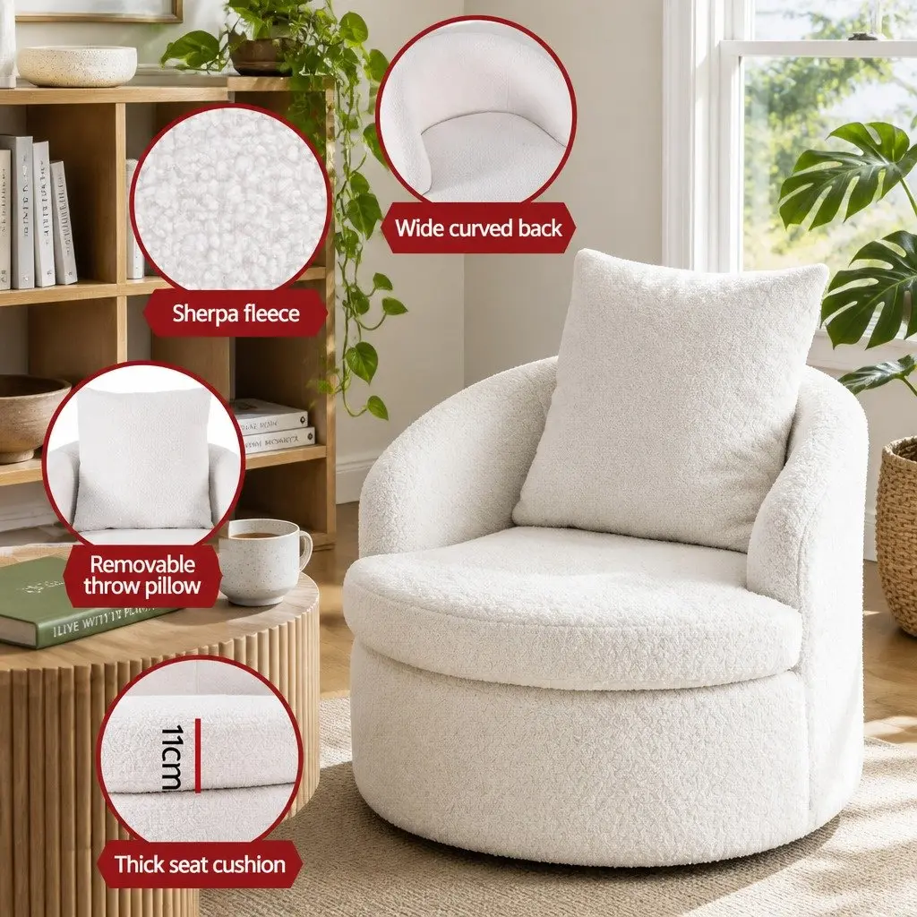 Round Swivel Armchair White Sherpa Fleece 360 Degree Rotating Living Room Chair