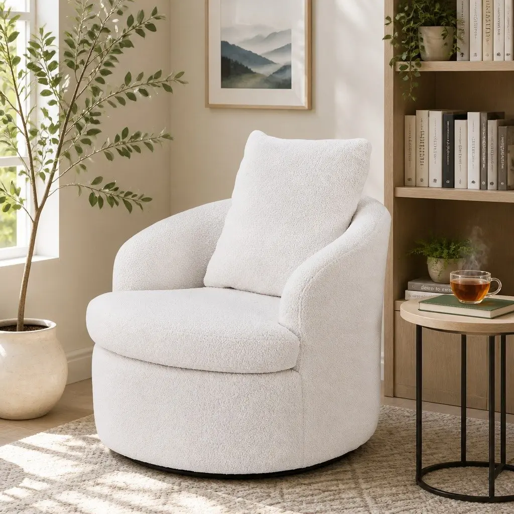 Round Swivel Armchair White Sherpa Fleece 360 Degree Rotating Living Room Chair
