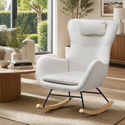 Contemporary White Teddy Fabric Rocking Chair with Pillow