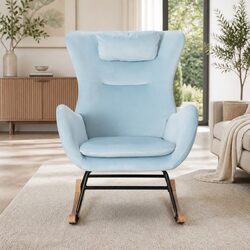 Velvet Upholstered Rocking Chair with Headrest Pillow - Green