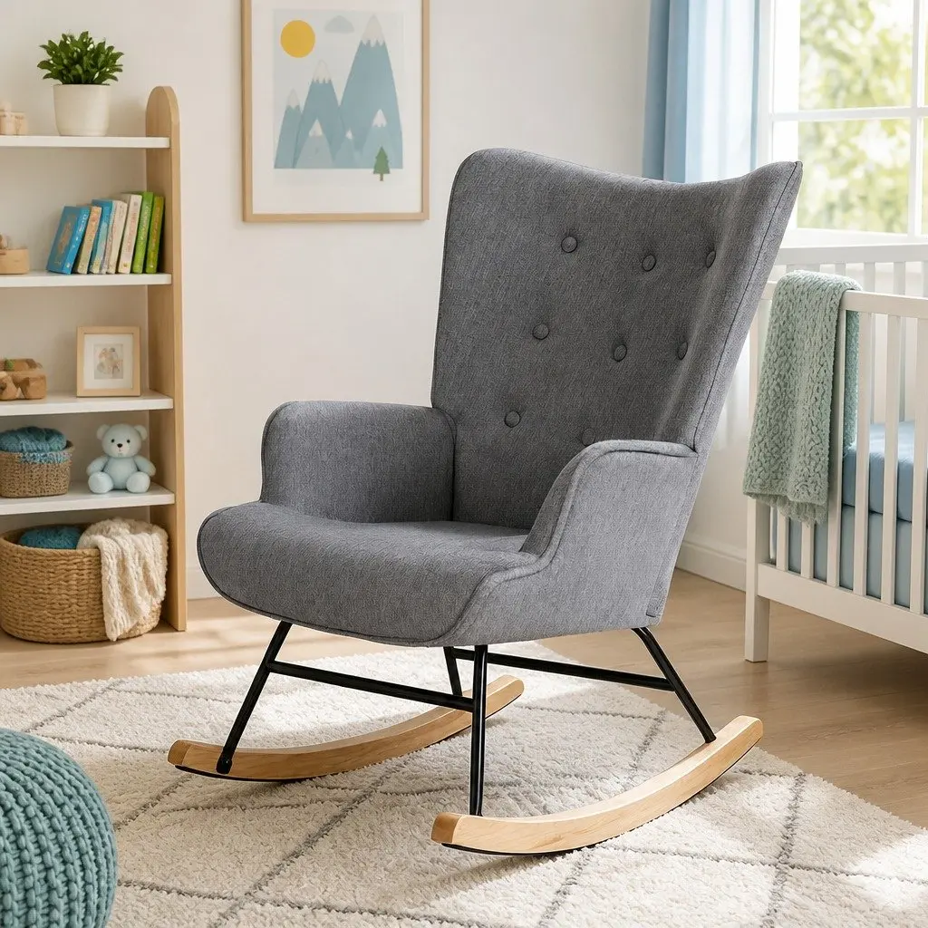 Linen Fabric Grey Rocking Nursing Armchair with Metal Frame