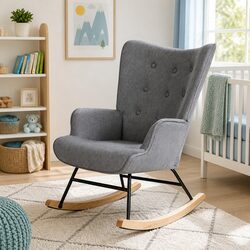 Linen Fabric Grey Rocking Nursing Armchair with Metal Frame