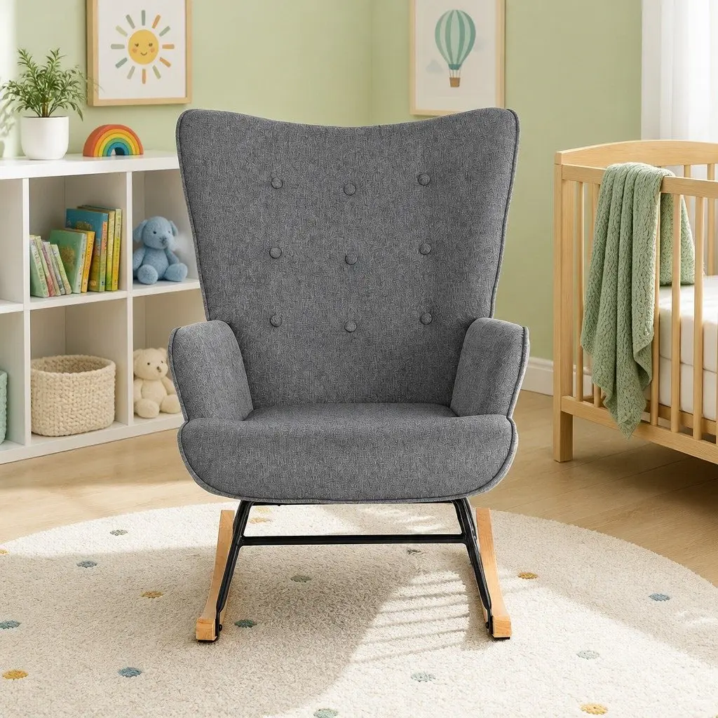 Linen Fabric Grey Rocking Nursing Armchair with Metal Frame