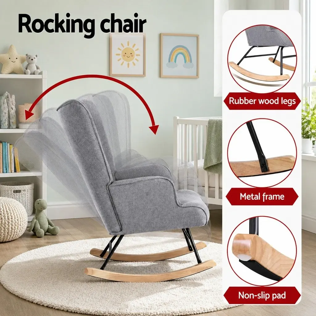 Linen Fabric Grey Rocking Nursing Armchair with Metal Frame