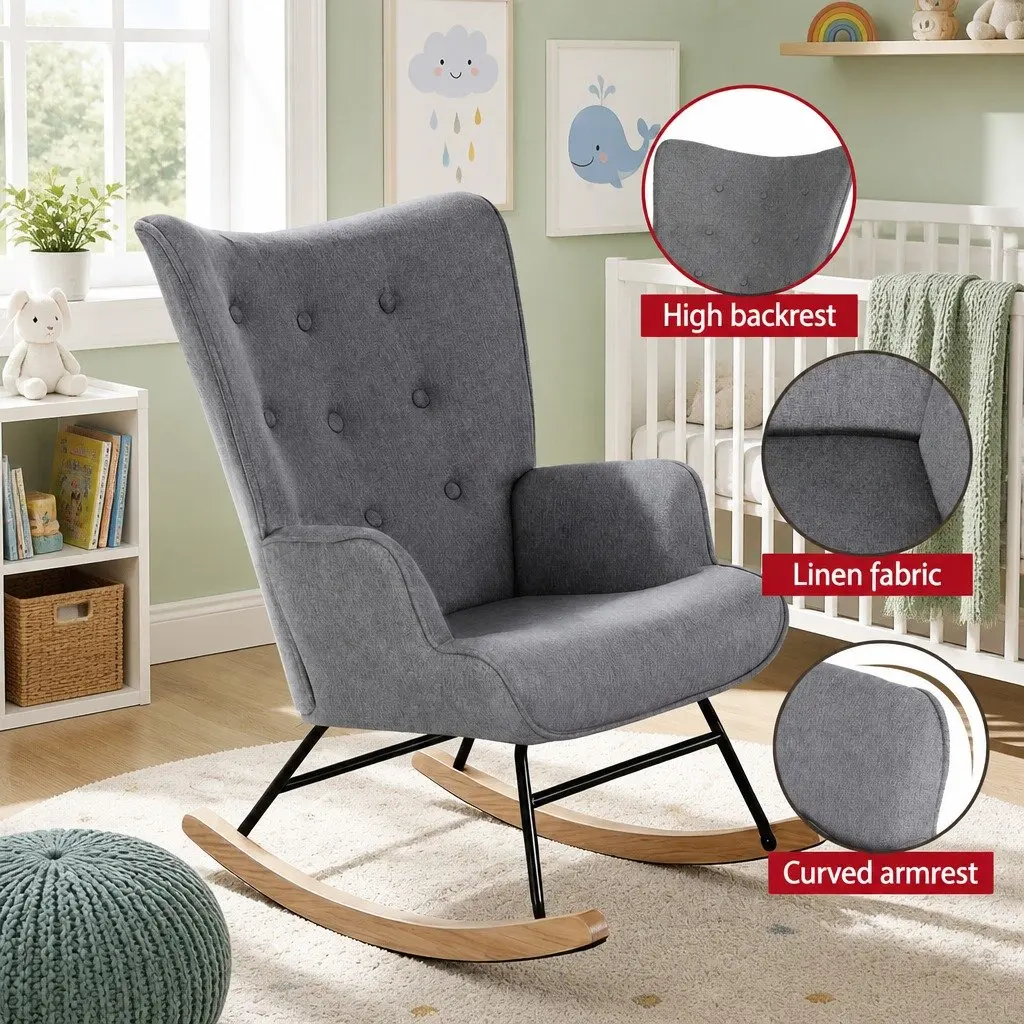 Linen Fabric Grey Rocking Nursing Armchair with Metal Frame
