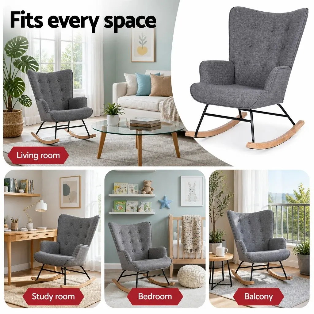 Linen Fabric Grey Rocking Nursing Armchair with Metal Frame