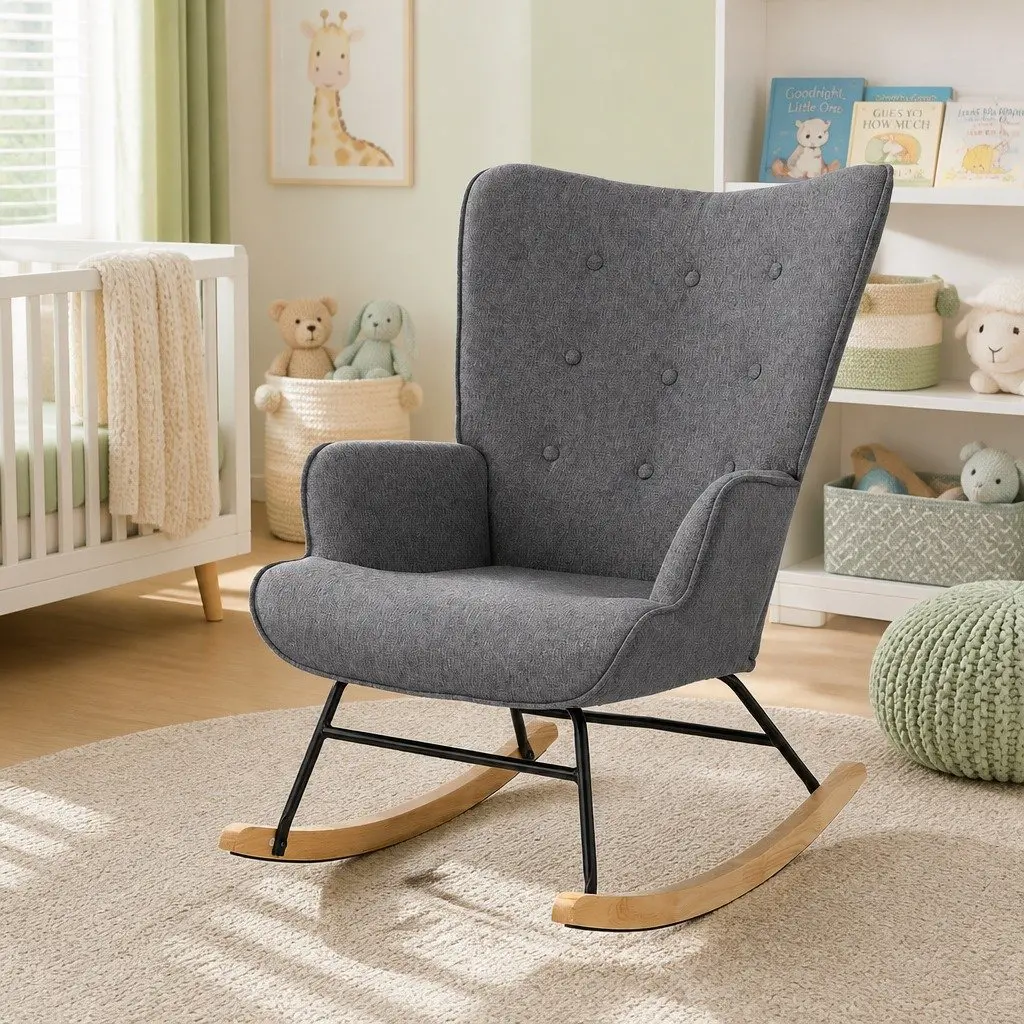 Linen Fabric Grey Rocking Nursing Armchair with Metal Frame