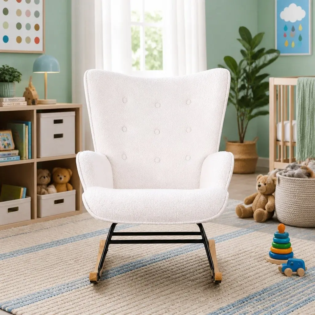 Rocking Armchair Nursing Chair Boucle Upholstery White Accent Seat