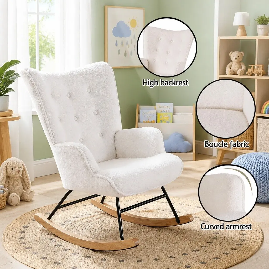 Rocking Armchair Nursing Chair Boucle Upholstery White Accent Seat