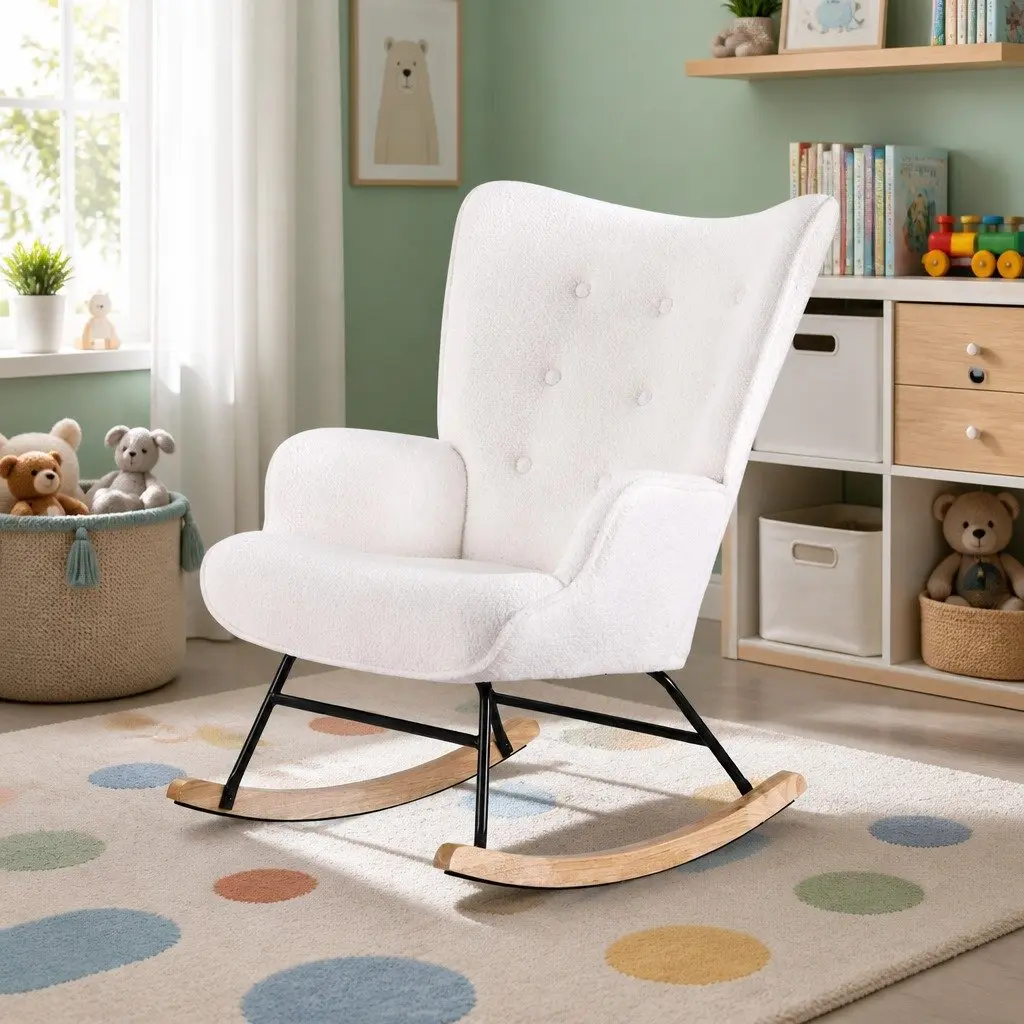 Rocking Armchair Nursing Chair Boucle Upholstery White Accent Seat