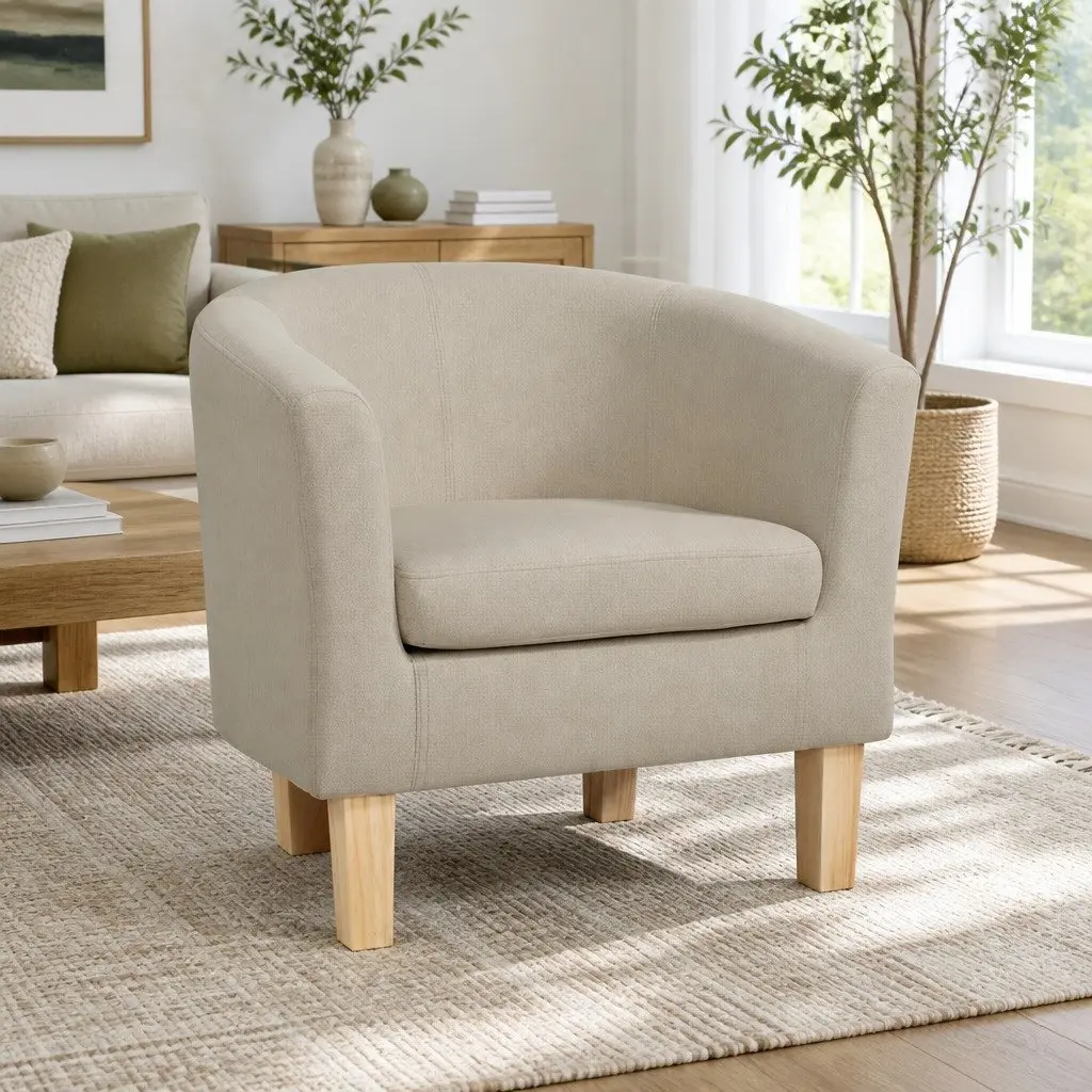 Beige Faux Linen Armchair Tub Chair with Foam Padding