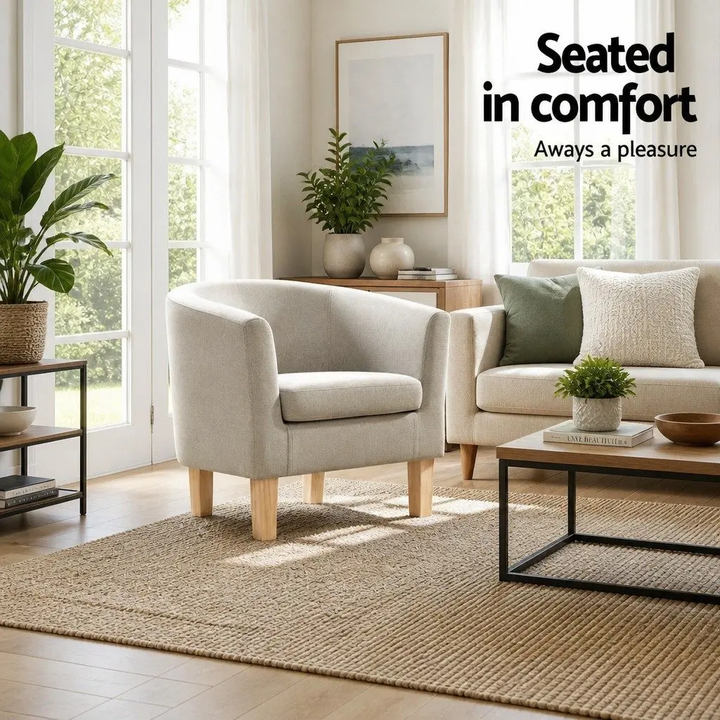 Beige Faux Linen Armchair Tub Chair with Foam Padding