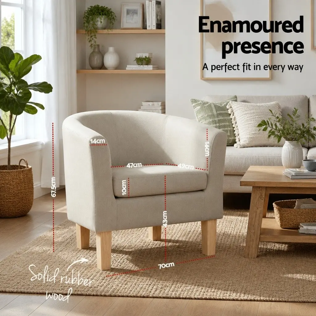 Beige Faux Linen Armchair Tub Chair with Foam Padding
