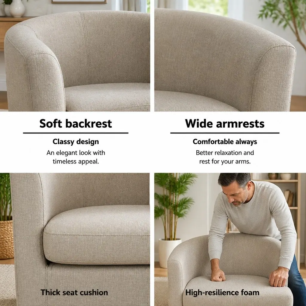 Beige Faux Linen Armchair Tub Chair with Foam Padding