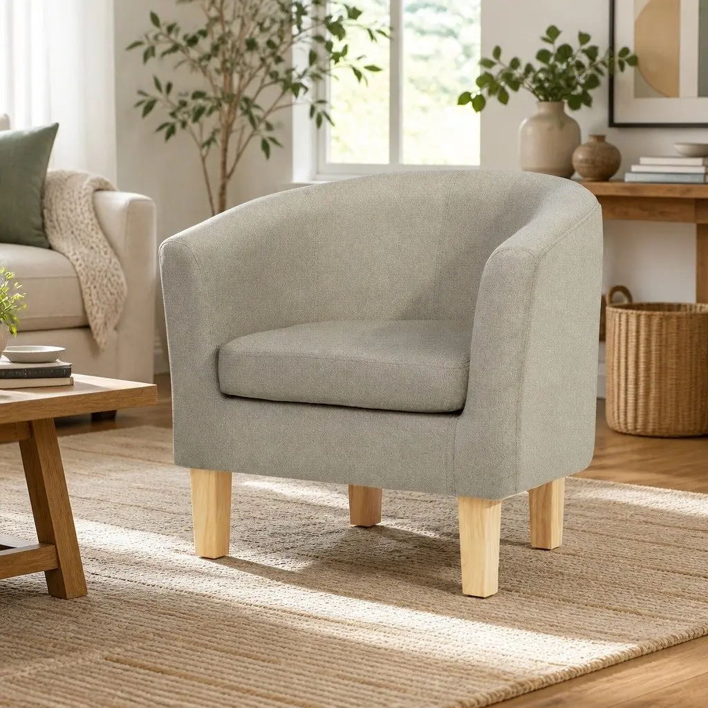 Beige Faux Linen Armchair Tub Chair with Foam Padding