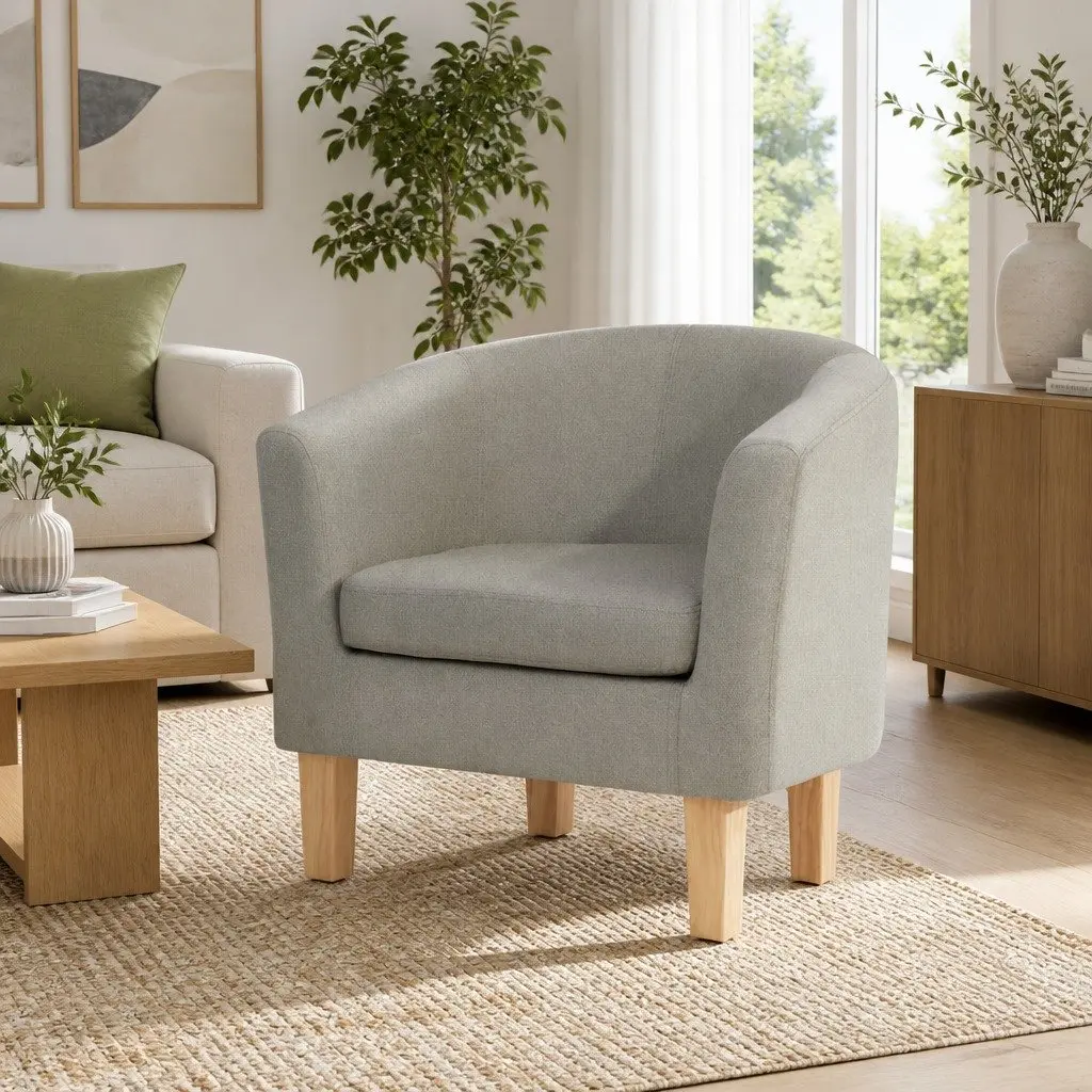 Beige Faux Linen Armchair Tub Chair with Foam Padding