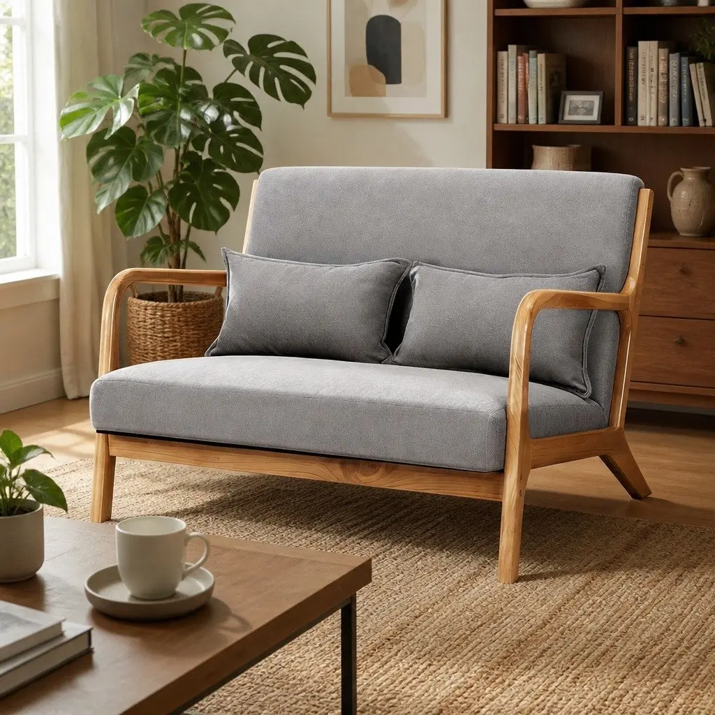 2-Seater Armchair Modern Loveseat Light Grey Faux Linen Rubber Wood Frame