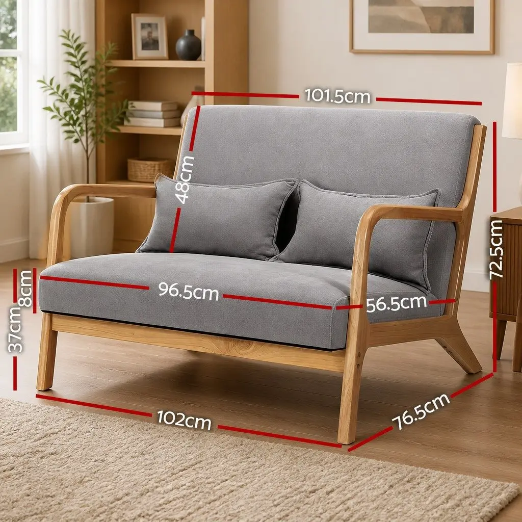 2-Seater Armchair Modern Loveseat Light Grey Faux Linen Rubber Wood Frame