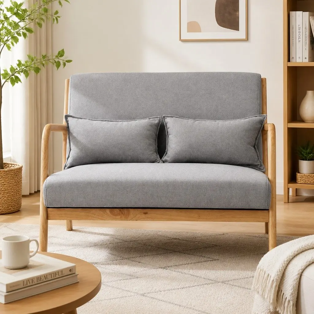 2-Seater Armchair Modern Loveseat Light Grey Faux Linen Rubber Wood Frame