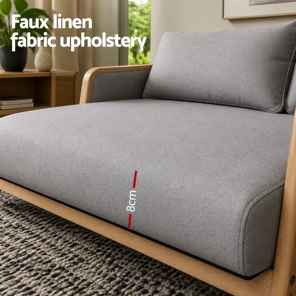 2-Seater Armchair Modern Loveseat Light Grey Faux Linen Rubber Wood Frame