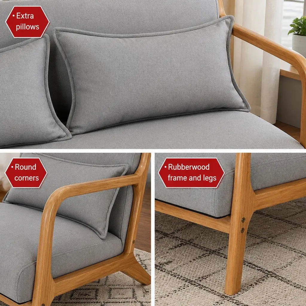 2-Seater Armchair Modern Loveseat Light Grey Faux Linen Rubber Wood Frame