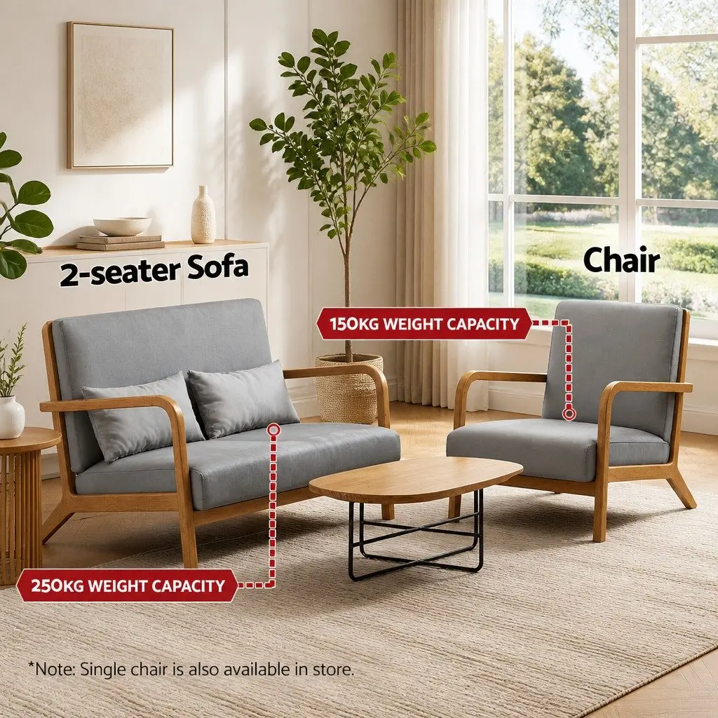 2-Seater Armchair Modern Loveseat Light Grey Faux Linen Rubber Wood Frame