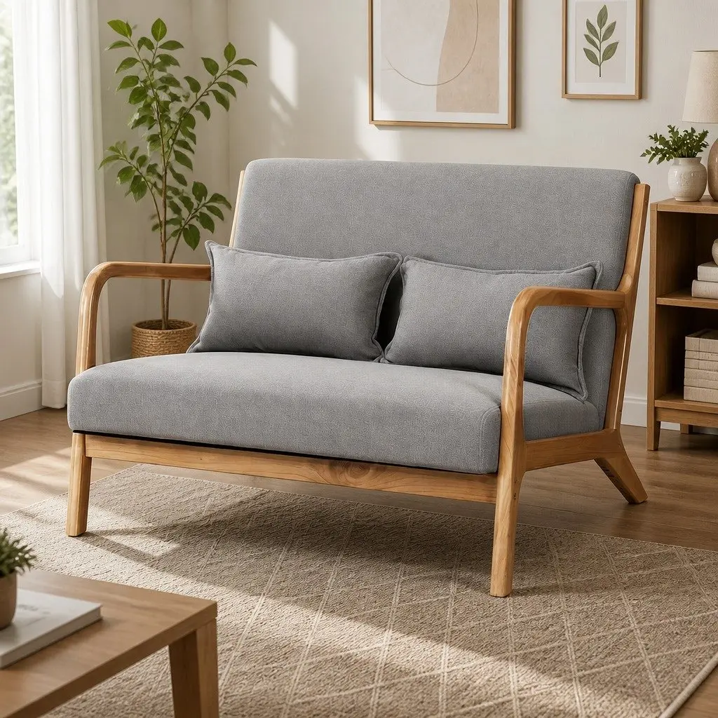 2-Seater Armchair Modern Loveseat Light Grey Faux Linen Rubber Wood Frame