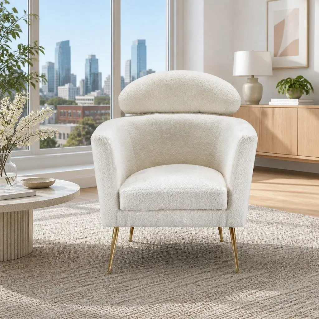 Cushioned White Armchair in Boucle Fabric