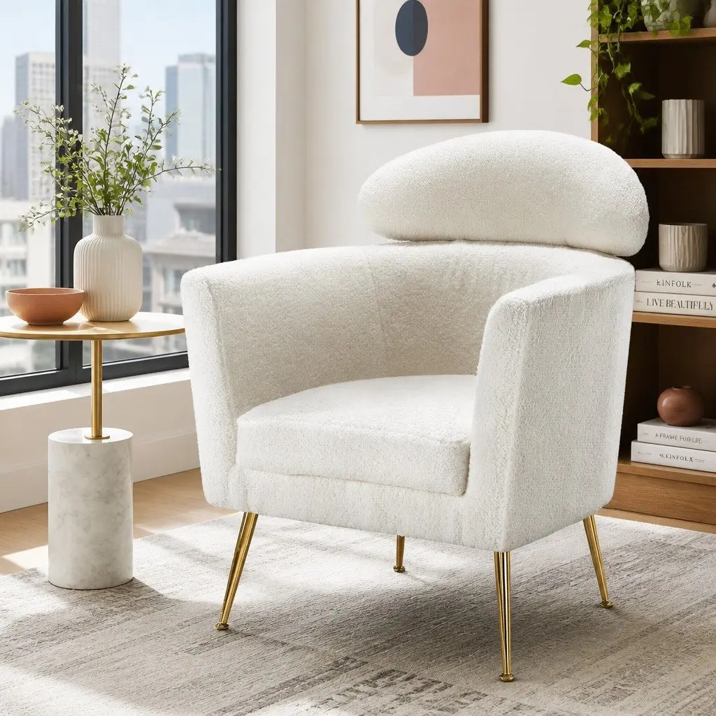 Cushioned White Armchair in Boucle Fabric