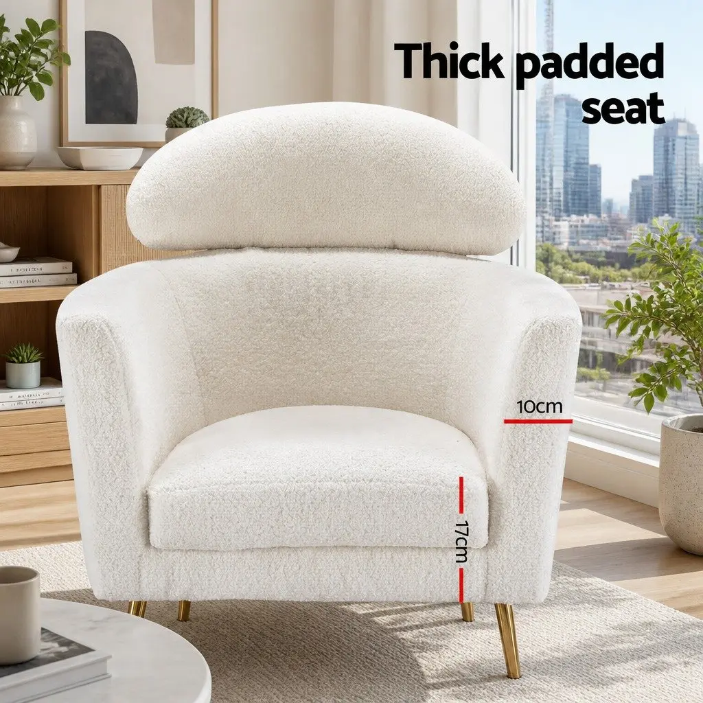 Cushioned White Armchair in Boucle Fabric