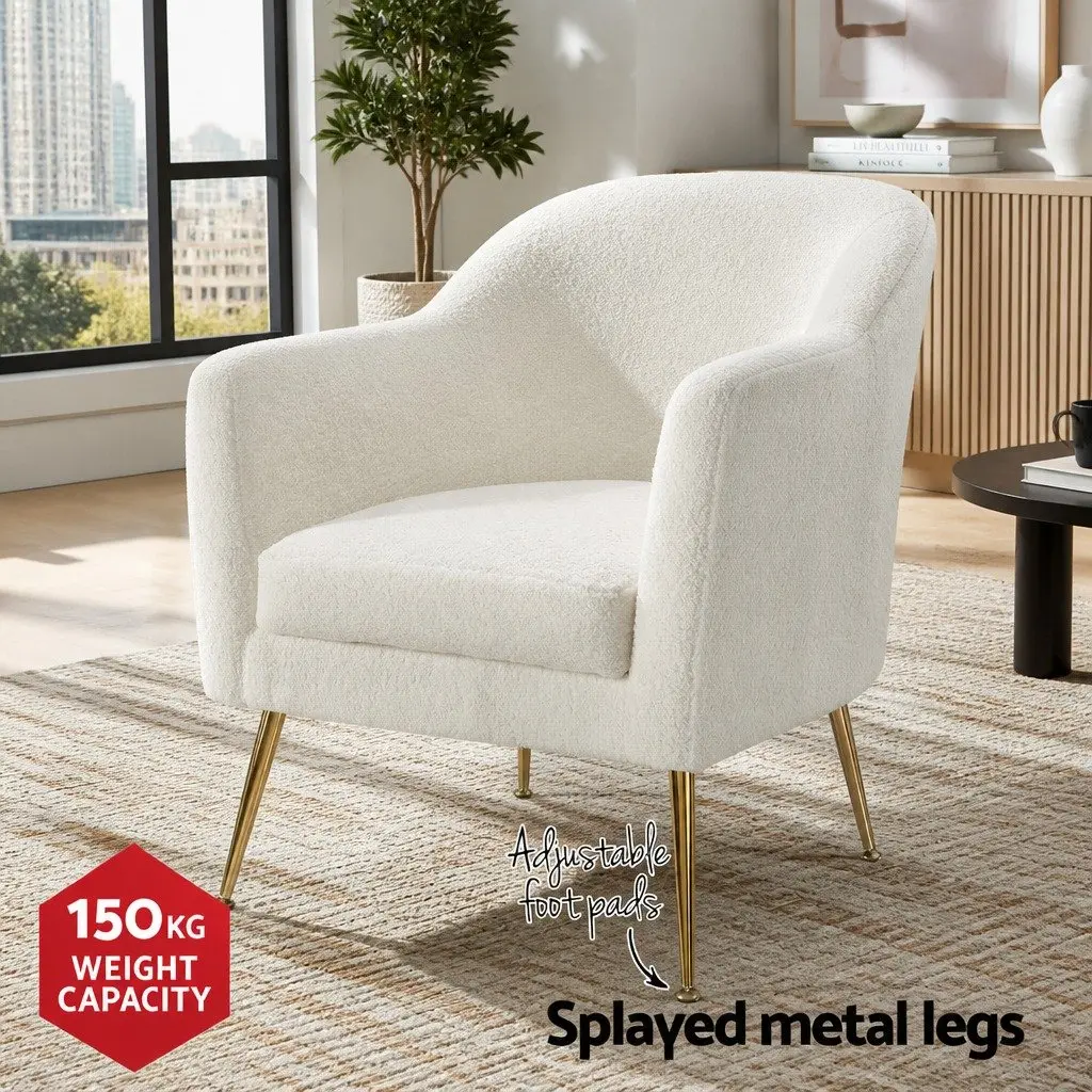 Cushioned White Armchair in Boucle Fabric