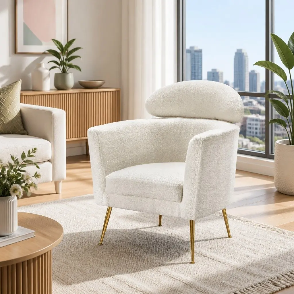 Cushioned White Armchair in Boucle Fabric