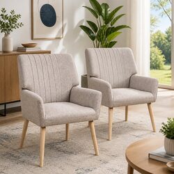 Beige Faux Fabric Armchair Set of 2 with Wood Legs