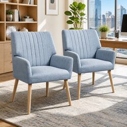 2-Pack Grey Faux Fabric Armchairs with Wood Legs