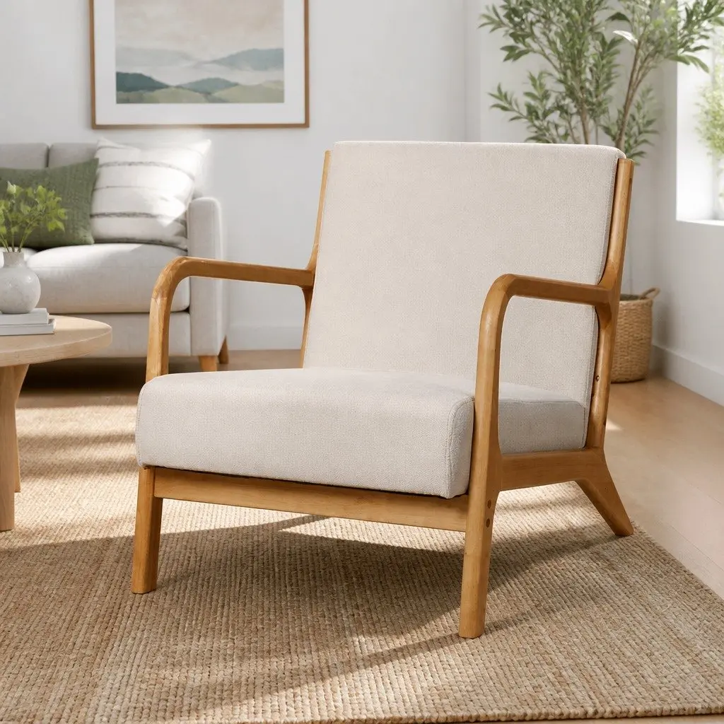 Beige Fabric Lounge Chair with Rubber Wood Legs