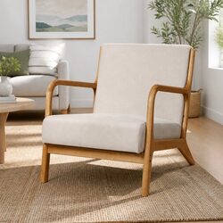Beige Fabric Lounge Chair with Rubber Wood Legs