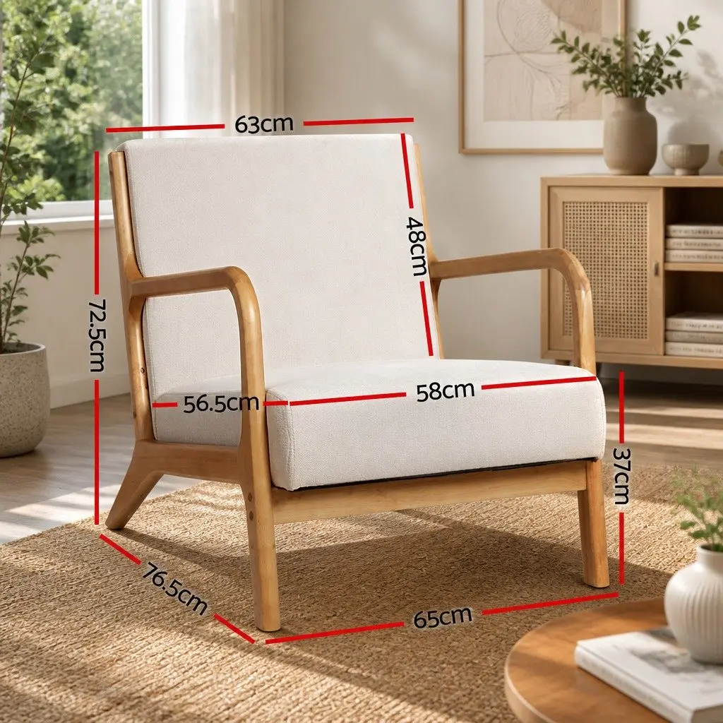 Beige Fabric Lounge Chair with Rubber Wood Legs